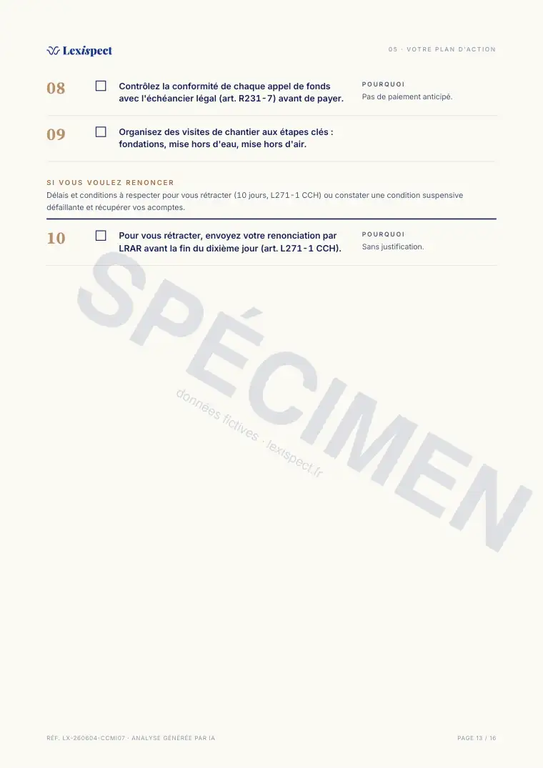 Page 13 du rapport Contrat de construction de maison individuelle (CCMI), spécimen