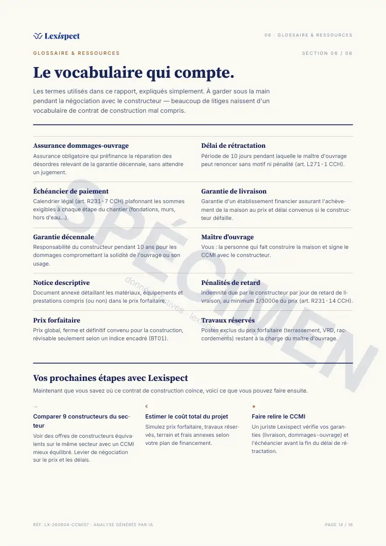 Page 14 du rapport Contrat de construction de maison individuelle (CCMI), spécimen