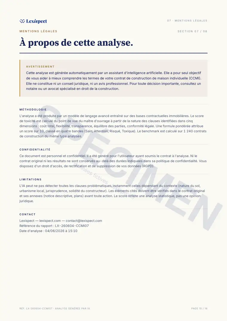 Page 15 du rapport Contrat de construction de maison individuelle (CCMI), spécimen