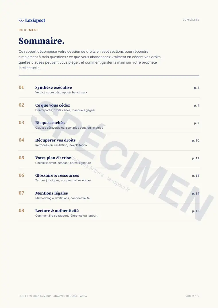 Page 2 du rapport Cession de droits (propriété intellectuelle), spécimen