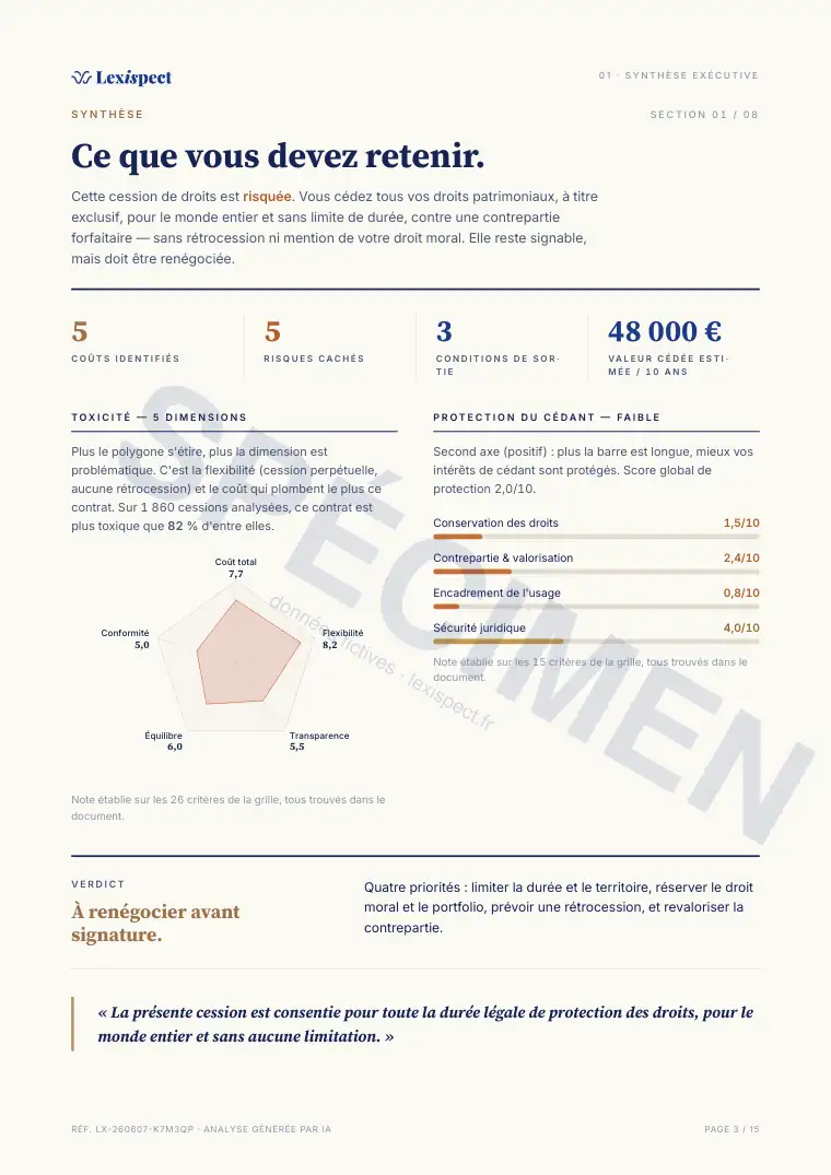 Page 3 du rapport Cession de droits (propriété intellectuelle), spécimen