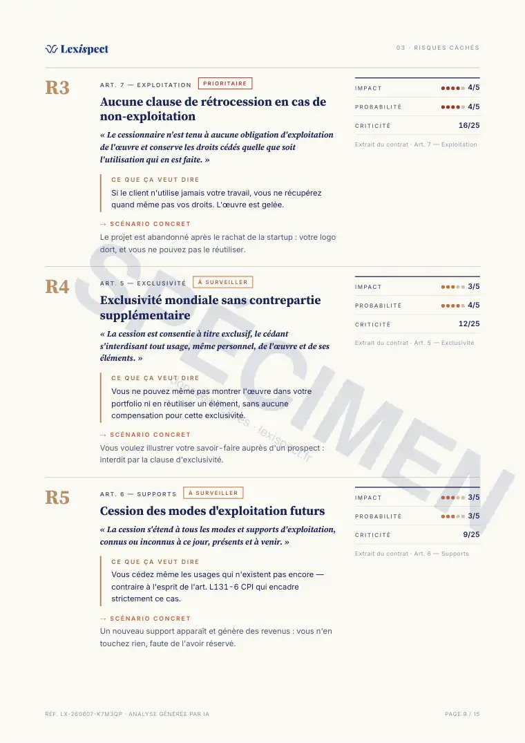 Page 9 du rapport Cession de droits (propriété intellectuelle), spécimen