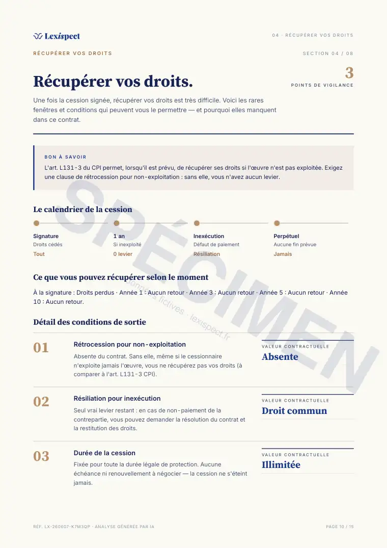 Page 10 du rapport Cession de droits (propriété intellectuelle), spécimen