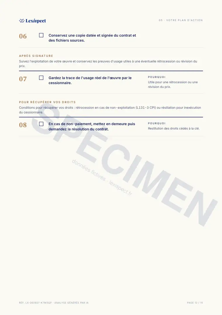 Page 12 du rapport Cession de droits (propriété intellectuelle), spécimen