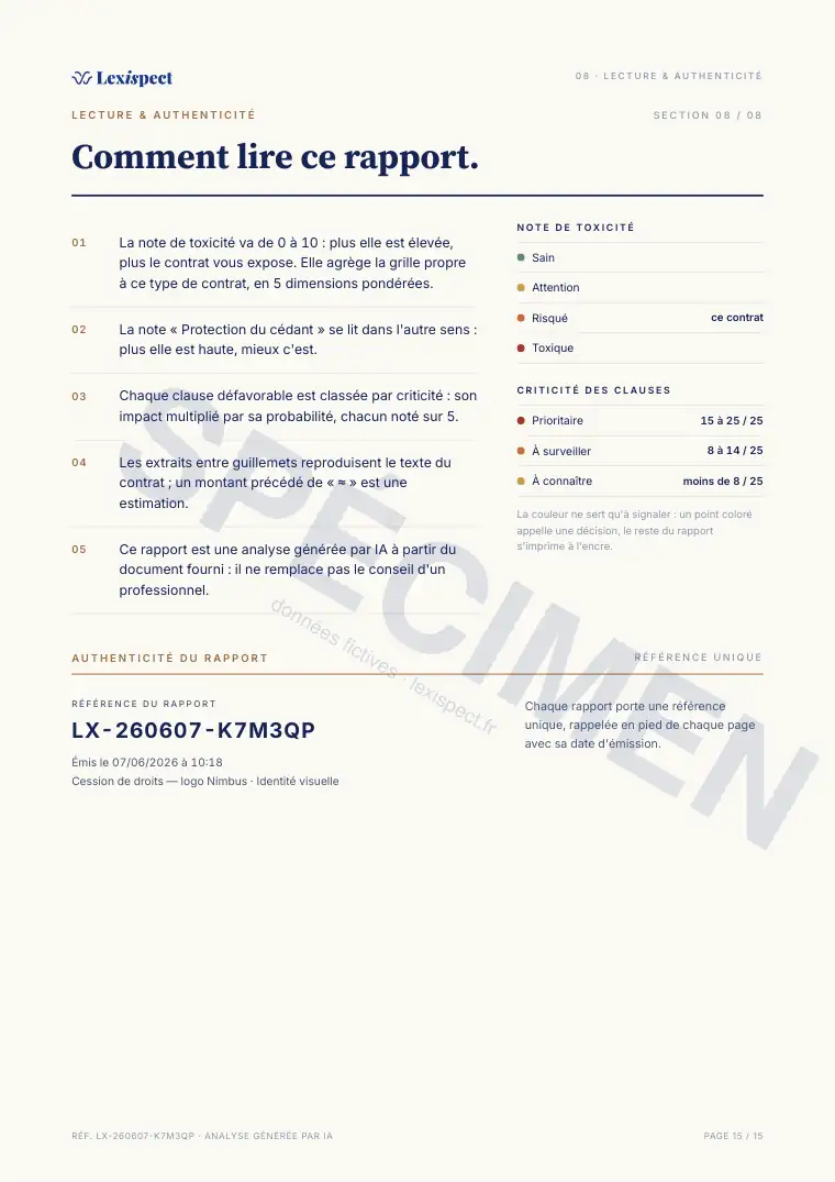 Page 15 du rapport Cession de droits (propriété intellectuelle), spécimen