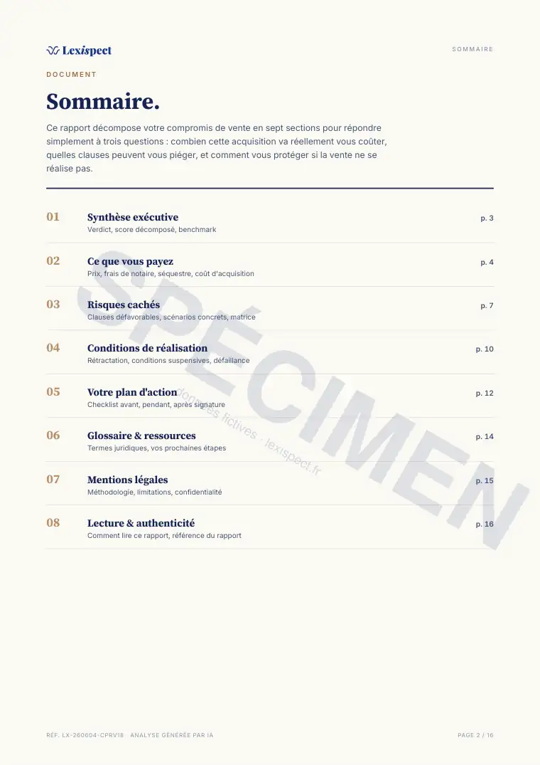 Page 2 du rapport Compromis de vente (avant-contrat immobilier), spécimen