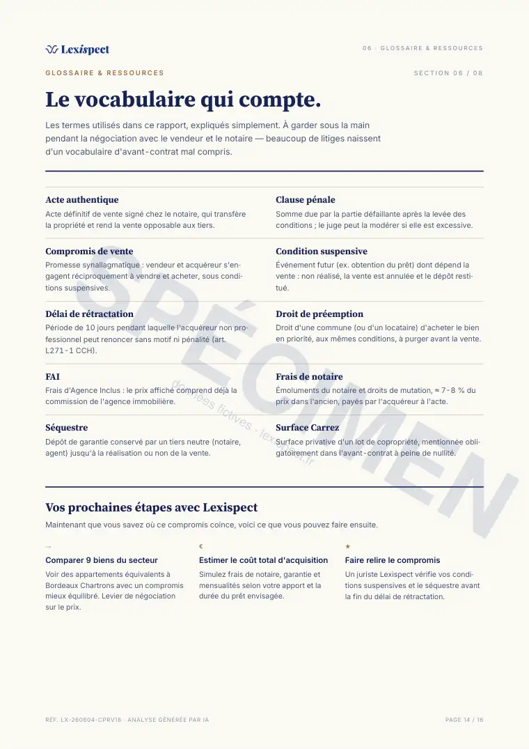 Page 14 du rapport Compromis de vente (avant-contrat immobilier), spécimen
