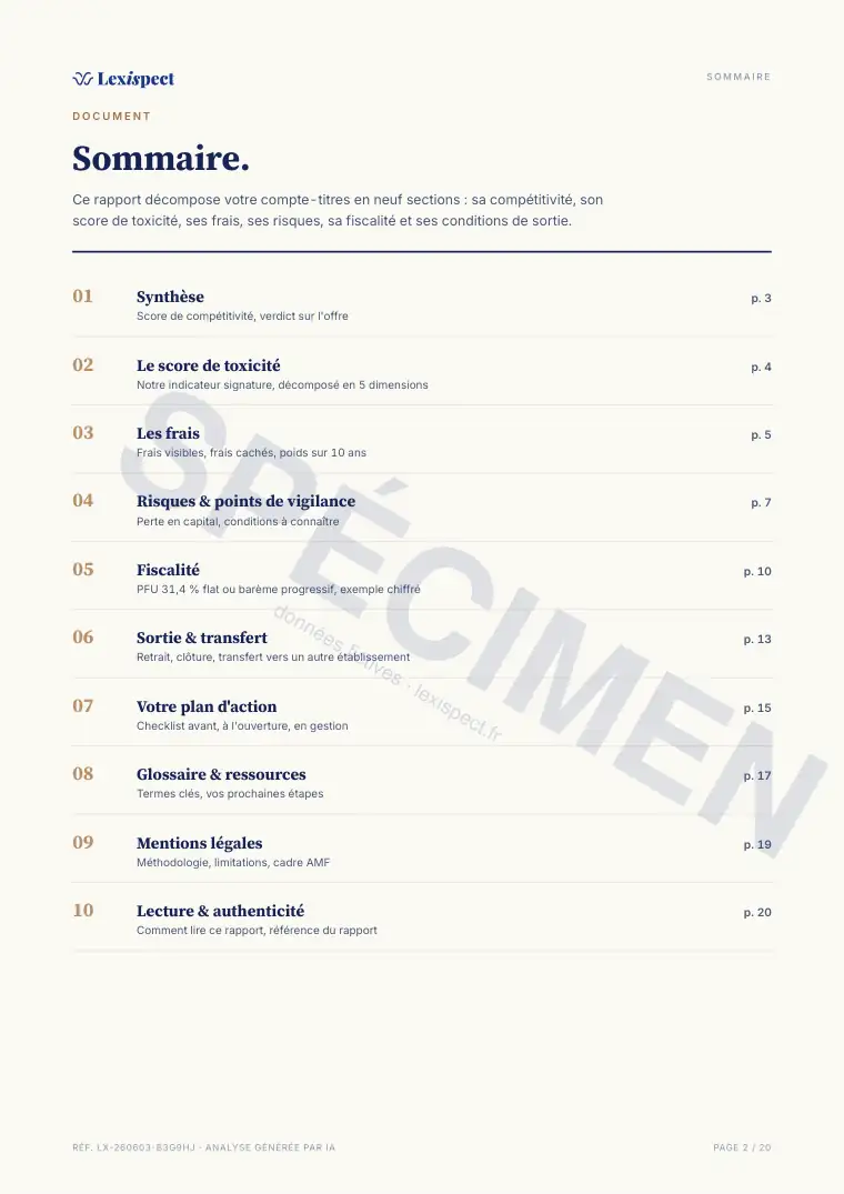Page 2 du rapport Compte-titres ordinaire (CTO), spécimen
