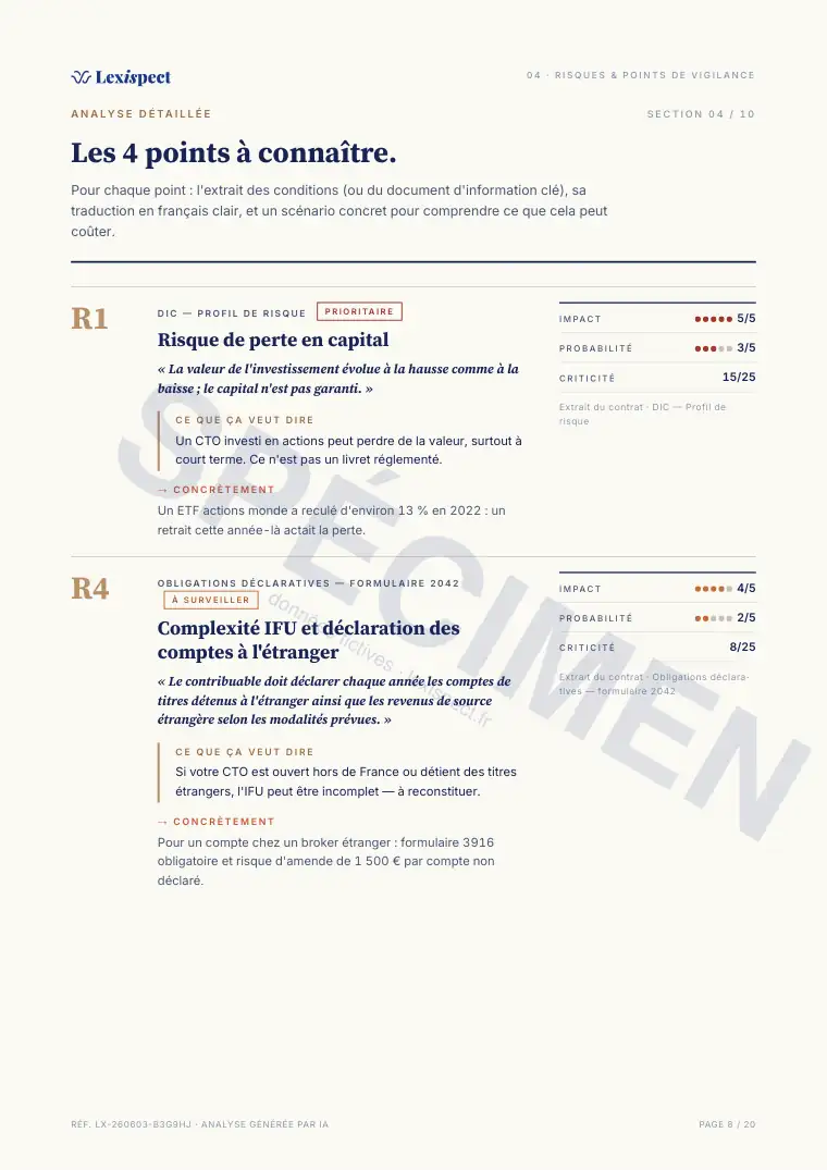 Page 8 du rapport Compte-titres ordinaire (CTO), spécimen