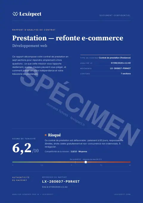 Première page du rapport Contrat de prestation de services (freelance)