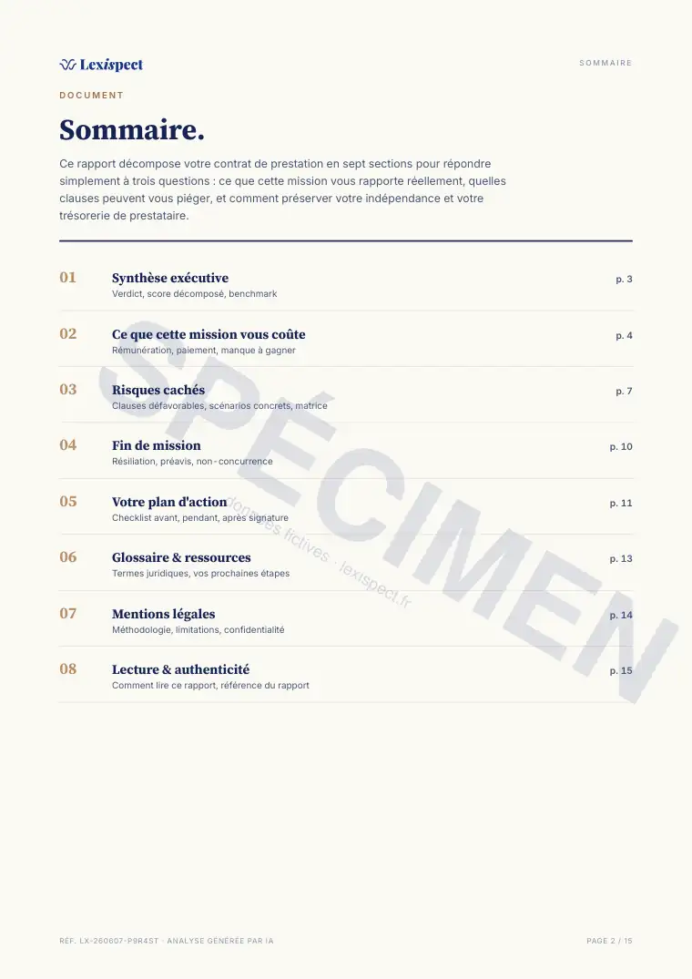 Page 2 du rapport Contrat de prestation de services (freelance), spécimen
