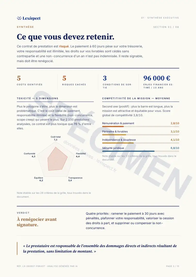Page 3 du rapport Contrat de prestation de services (freelance), spécimen