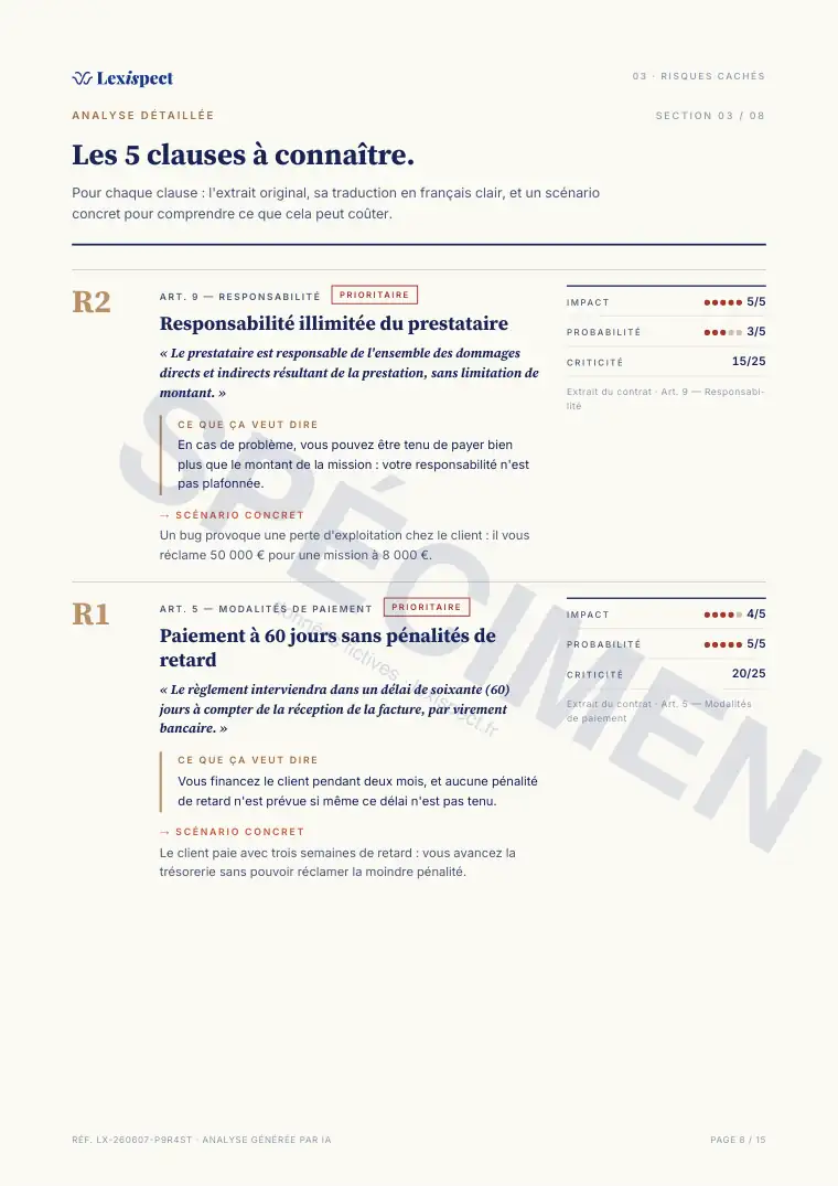 Page 8 du rapport Contrat de prestation de services (freelance), spécimen