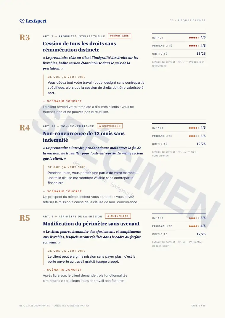 Page 9 du rapport Contrat de prestation de services (freelance), spécimen