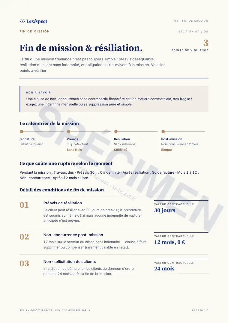 Page 10 du rapport Contrat de prestation de services (freelance), spécimen