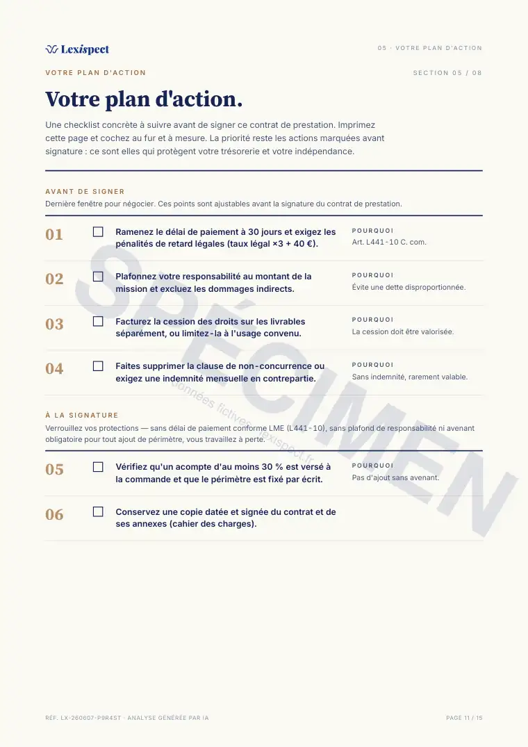 Page 11 du rapport Contrat de prestation de services (freelance), spécimen