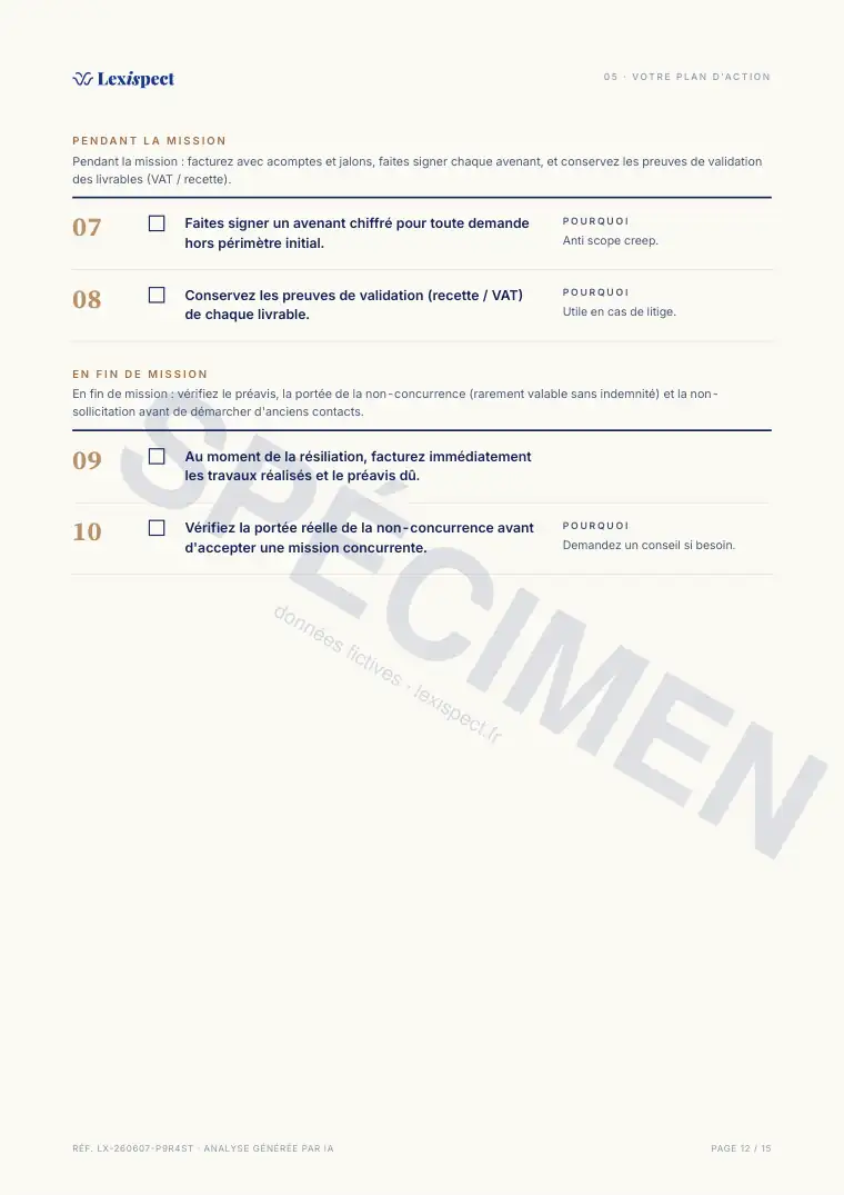 Page 12 du rapport Contrat de prestation de services (freelance), spécimen