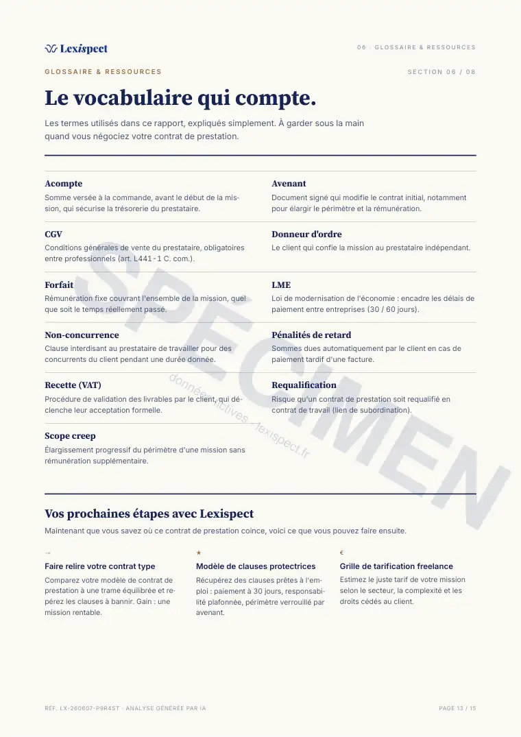 Page 13 du rapport Contrat de prestation de services (freelance), spécimen