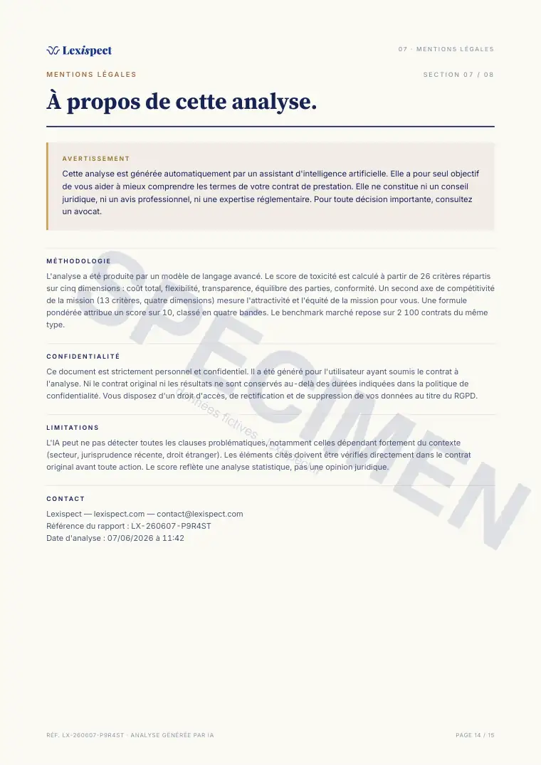 Page 14 du rapport Contrat de prestation de services (freelance), spécimen