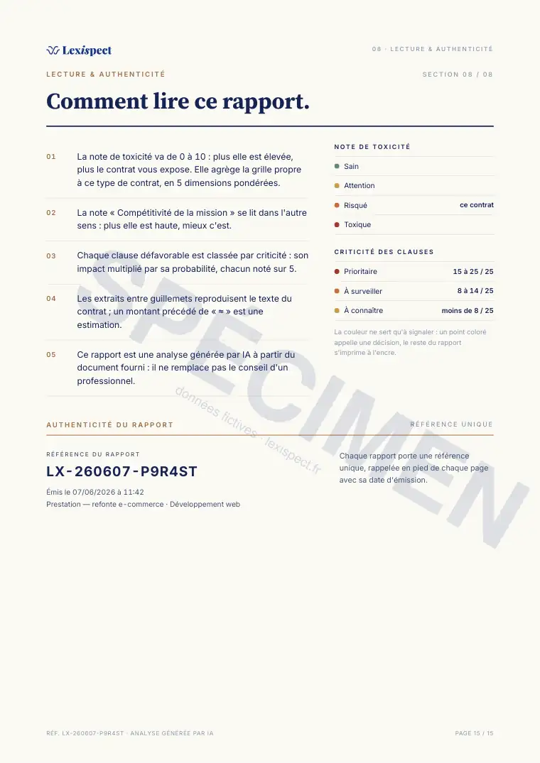 Page 15 du rapport Contrat de prestation de services (freelance), spécimen