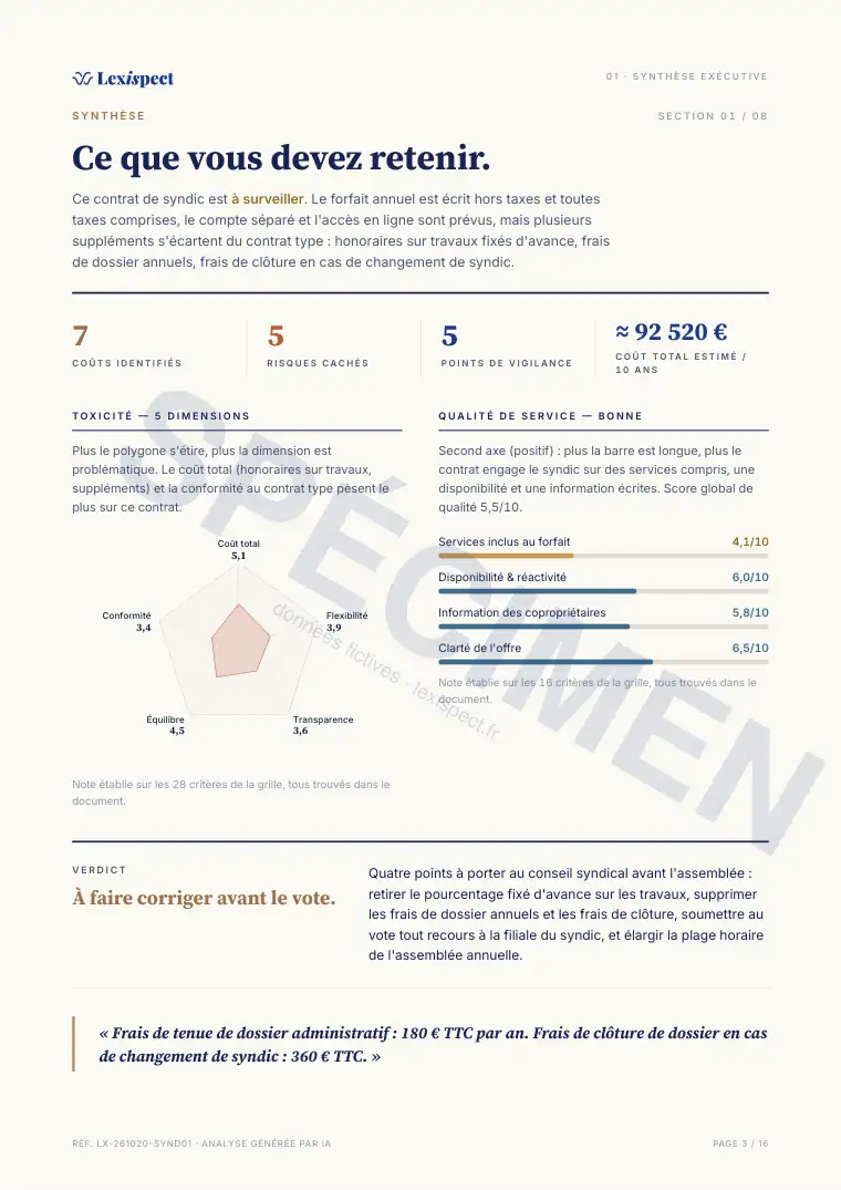Page 3 du rapport Contrat de syndic, spécimen
