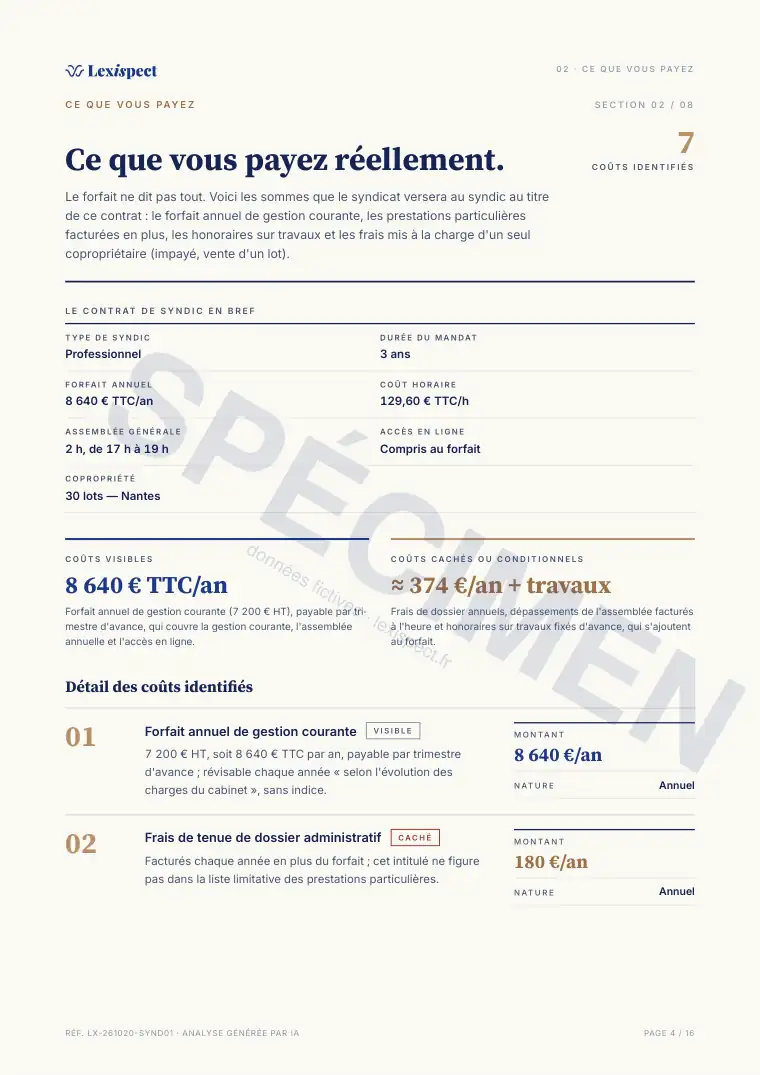 Page 4 du rapport Contrat de syndic, spécimen