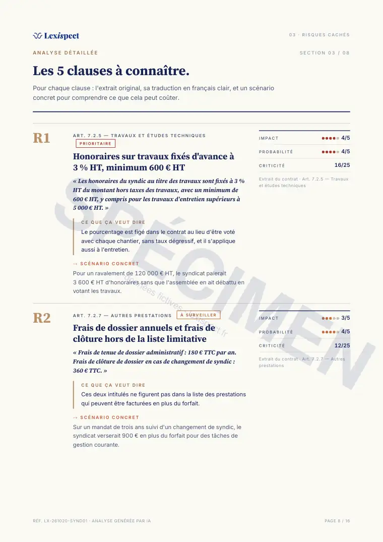 Page 8 du rapport Contrat de syndic, spécimen