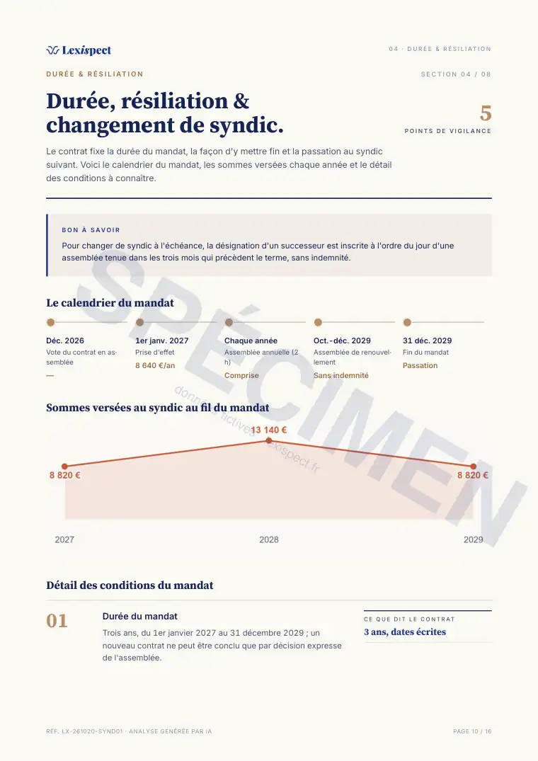 Page 10 du rapport Contrat de syndic, spécimen