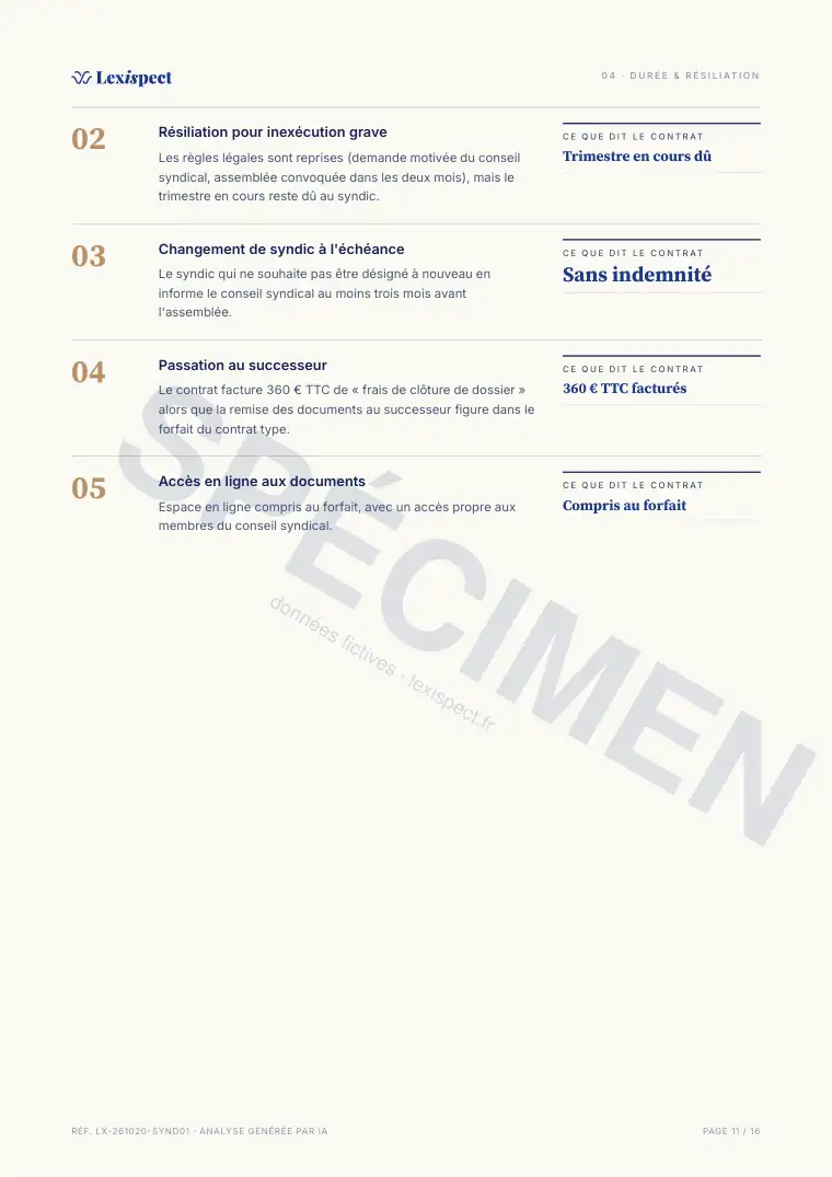Page 11 du rapport Contrat de syndic, spécimen