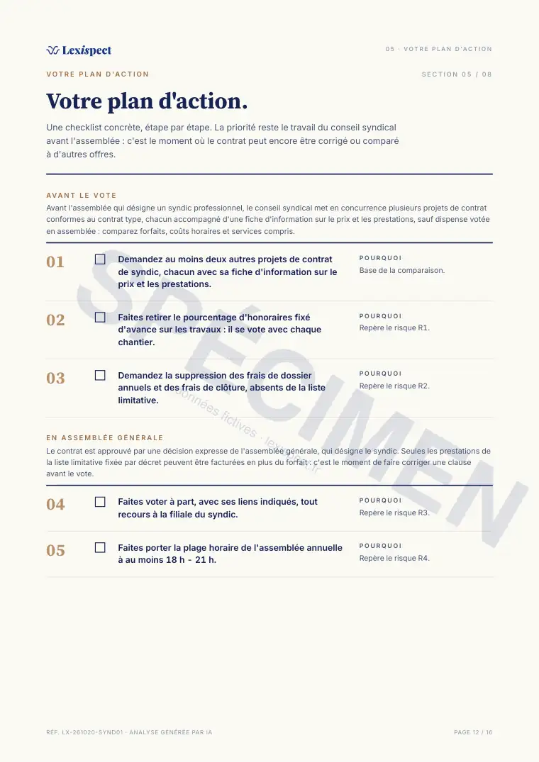 Page 12 du rapport Contrat de syndic, spécimen