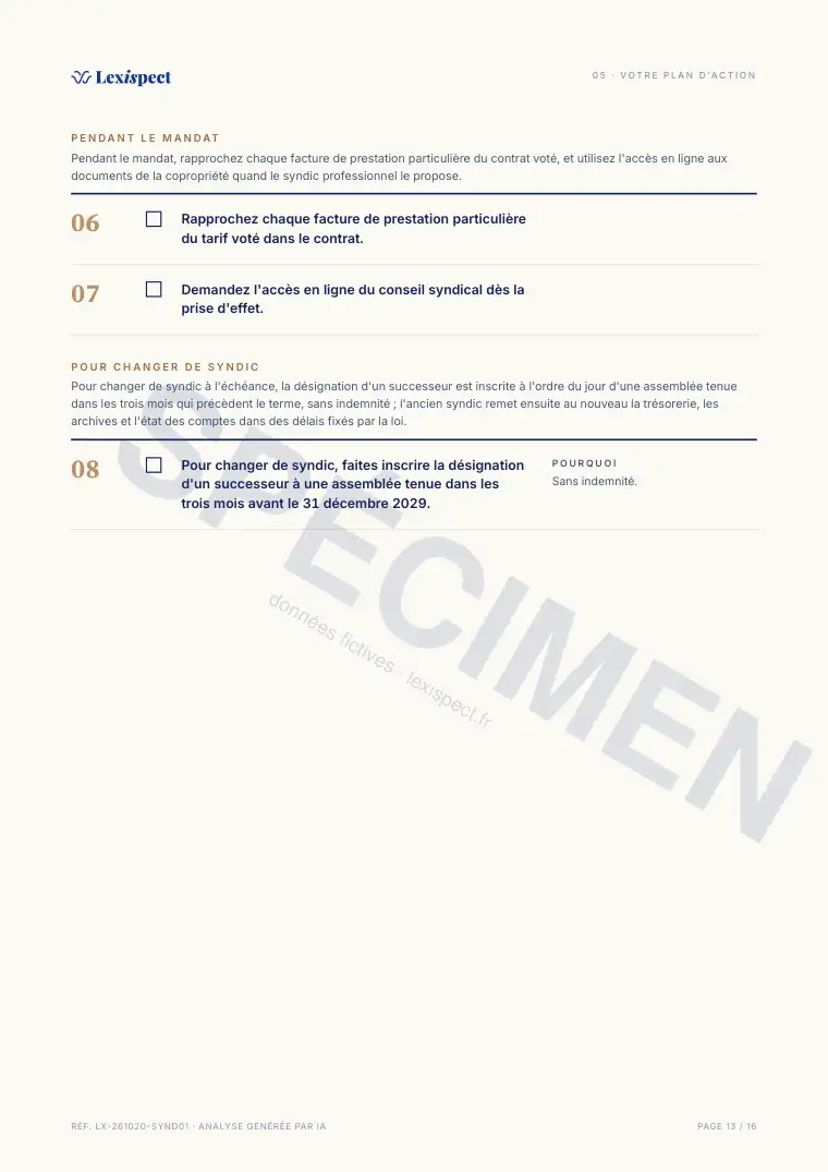 Page 13 du rapport Contrat de syndic, spécimen