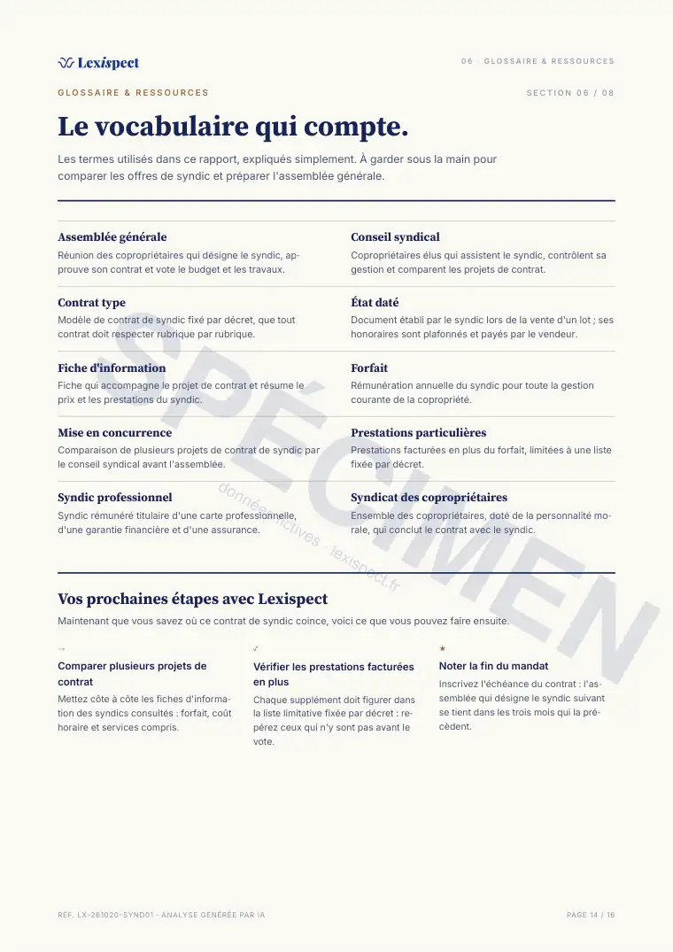 Page 14 du rapport Contrat de syndic, spécimen