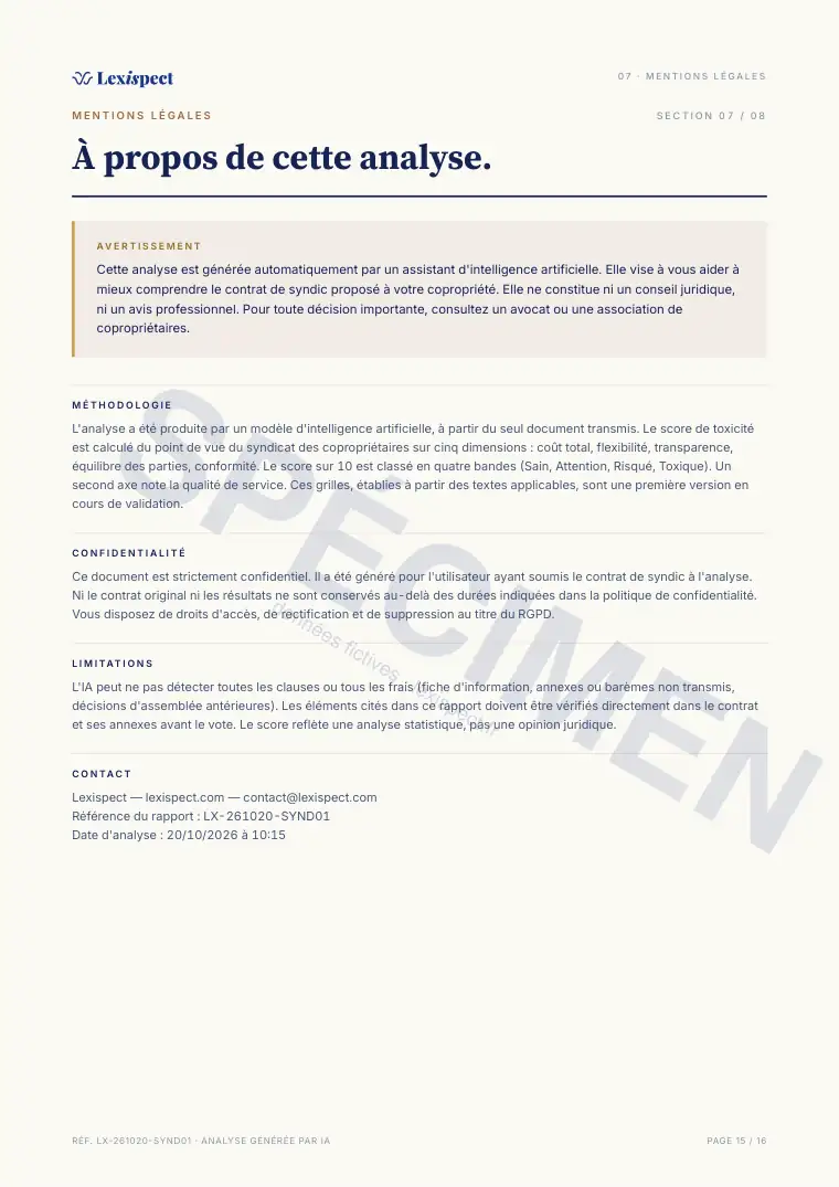 Page 15 du rapport Contrat de syndic, spécimen