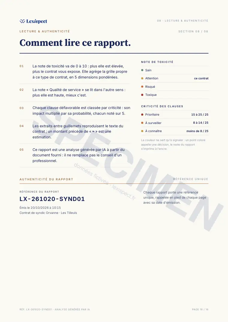 Page 16 du rapport Contrat de syndic, spécimen