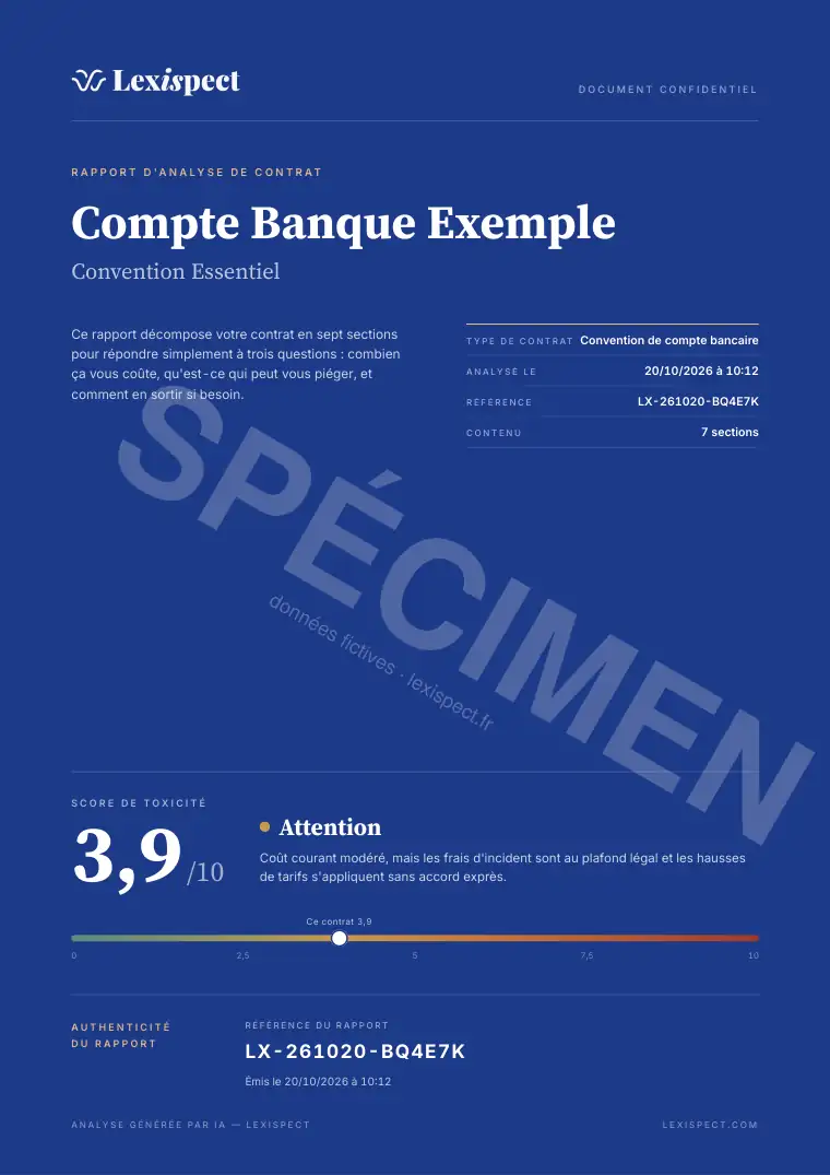 Page 1 du rapport Services bancaires (compte, carte, découvert), spécimen