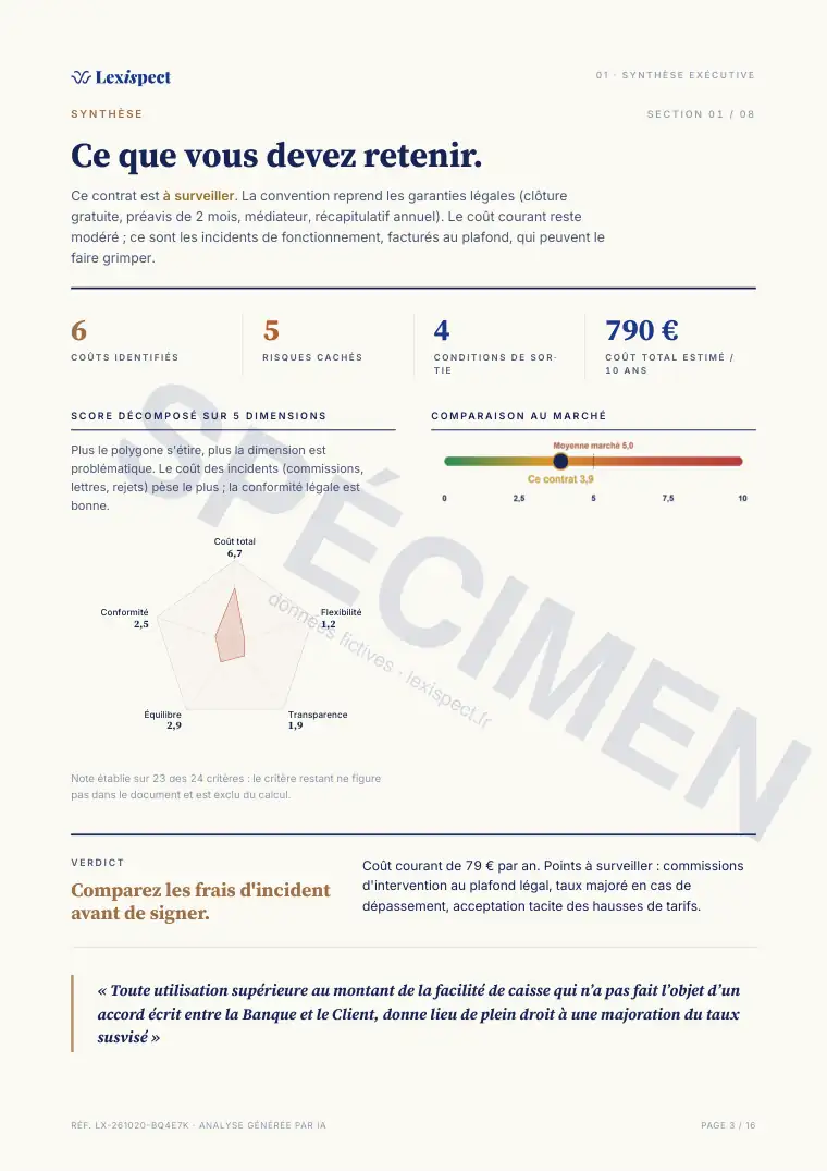 Page 3 du rapport Services bancaires (compte, carte, découvert), spécimen