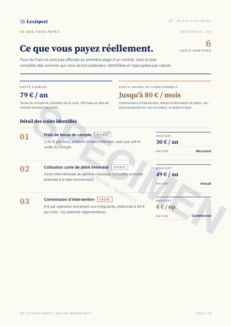 Page 4 du rapport Services bancaires (compte, carte, découvert), spécimen