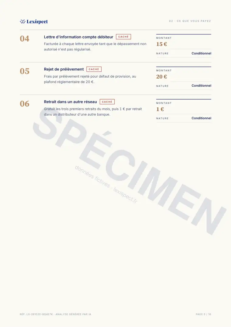 Page 5 du rapport Services bancaires (compte, carte, découvert), spécimen