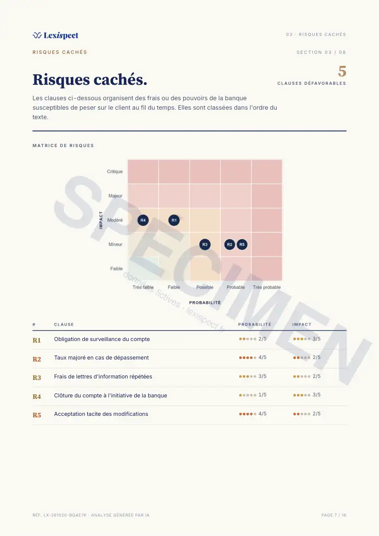 Page 7 du rapport Services bancaires (compte, carte, découvert), spécimen