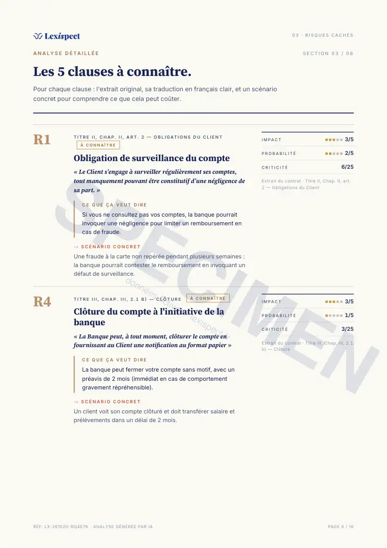 Page 8 du rapport Services bancaires (compte, carte, découvert), spécimen