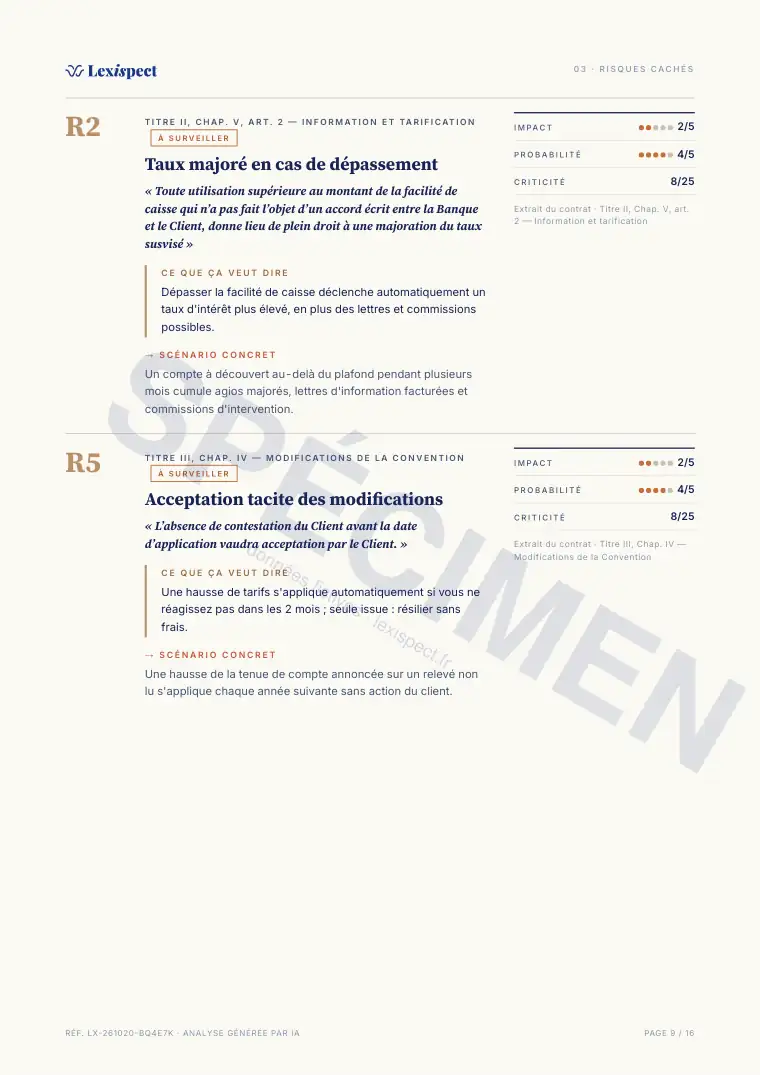 Page 9 du rapport Services bancaires (compte, carte, découvert), spécimen