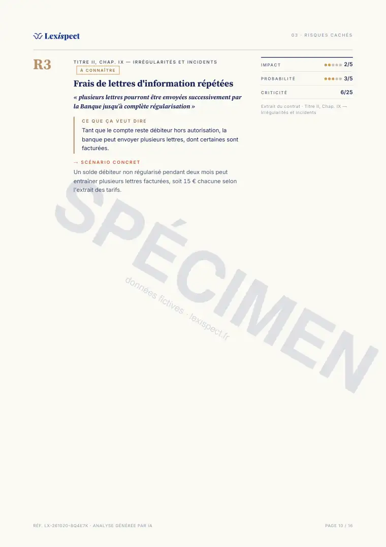 Page 10 du rapport Services bancaires (compte, carte, découvert), spécimen