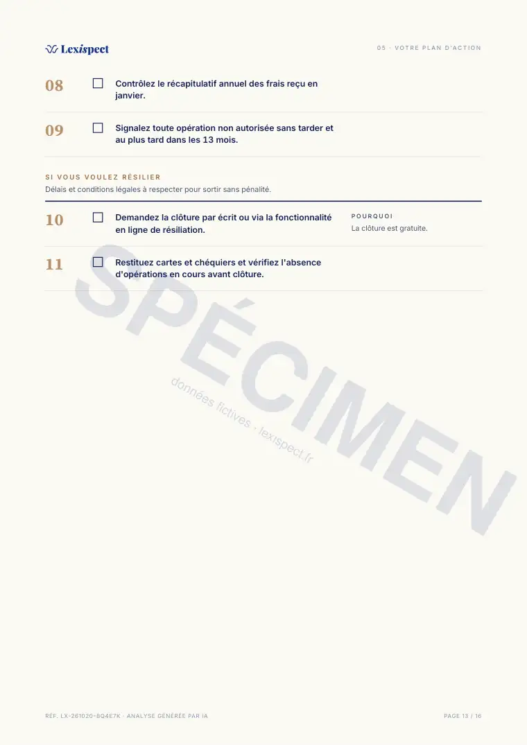 Page 13 du rapport Services bancaires (compte, carte, découvert), spécimen