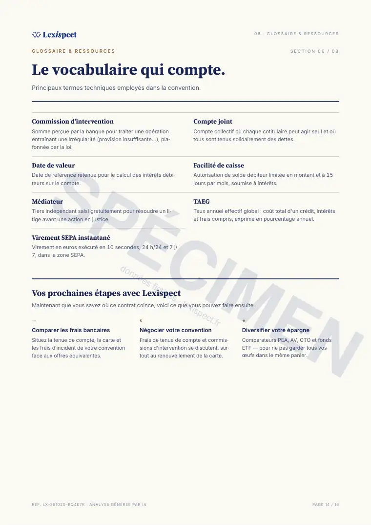 Page 14 du rapport Services bancaires (compte, carte, découvert), spécimen