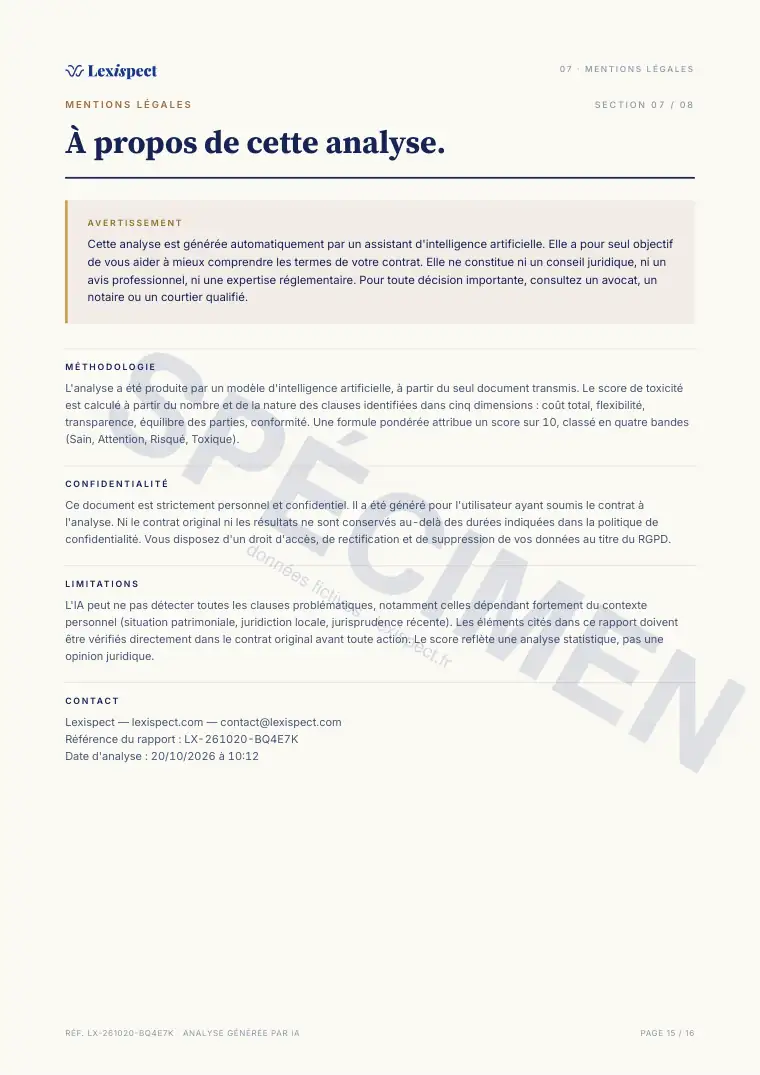 Page 15 du rapport Services bancaires (compte, carte, découvert), spécimen
