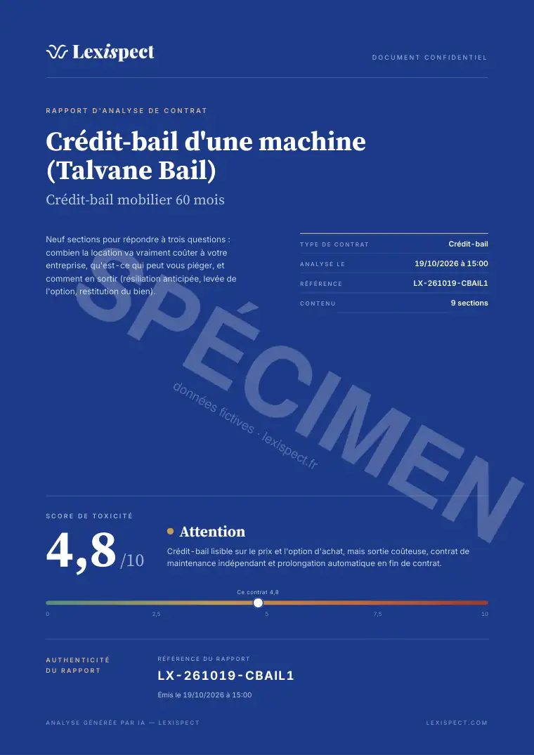 Page 1 du rapport Crédit-bail / leasing pro, spécimen