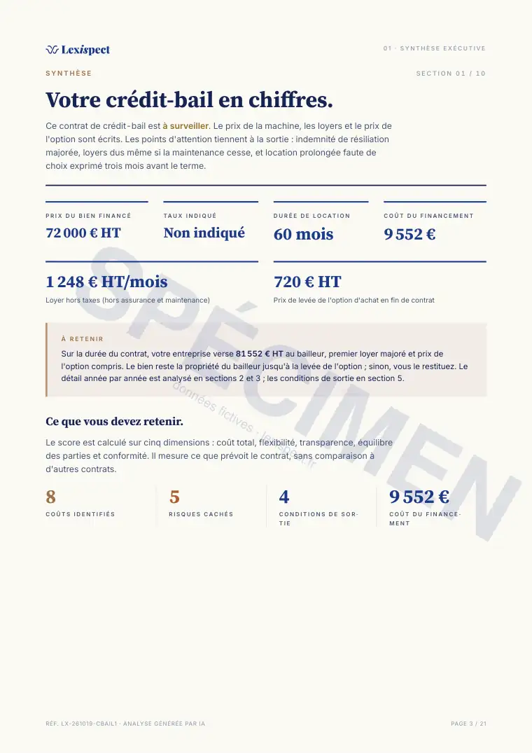 Page 3 du rapport Crédit-bail / leasing pro, spécimen