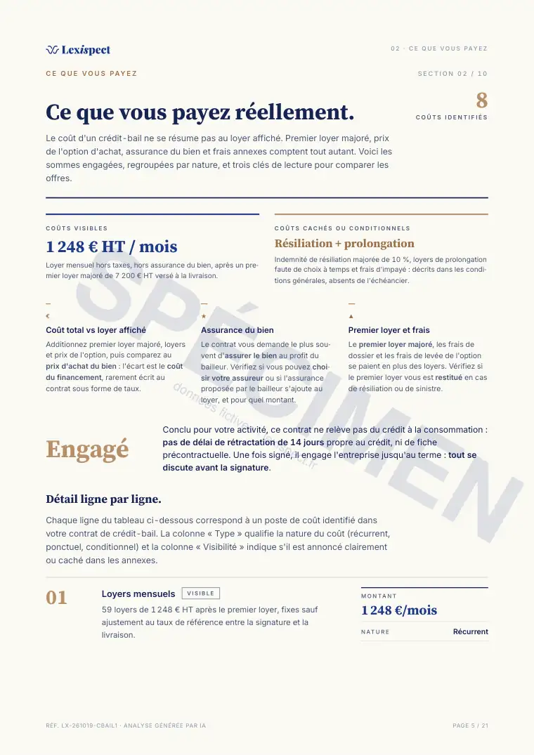 Page 5 du rapport Crédit-bail / leasing pro, spécimen
