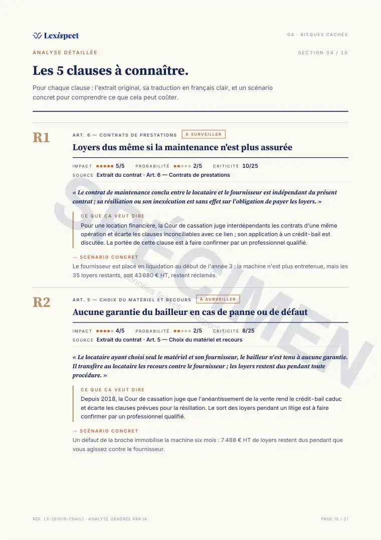 Page 10 du rapport Crédit-bail / leasing pro, spécimen
