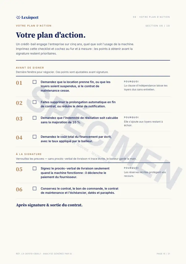 Page 15 du rapport Crédit-bail / leasing pro, spécimen